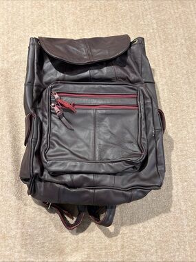 Leather El Venado Backpack purse in Dark Brown with Red Accents